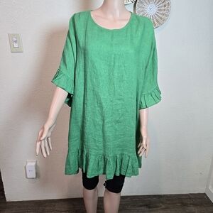 Piazza Del Tempio Green Ruffle Hem Blouse  Small 100% Linen Tunic Top